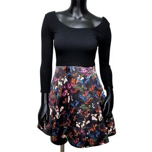 Alice + Olivia Black Floral Long Sleeve Mini Dress Scoop Neck ALine Satin Skirt